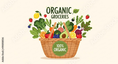 A colorful vector illustration of a wicker basket filled with fresh organic groceries