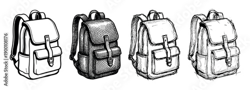 Four black and white school backpacks illustrated in a row using different hand-drawn techniques, from clean line art and detailed crosshatching to a rough, expressive ink sketch