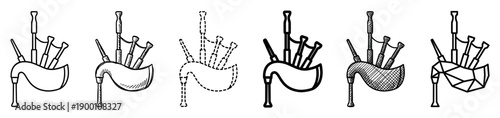 Set of six bagpipe musical instrument icons presented in various black line art styles like hand-drawn sketch, bold outline, dashed, and low poly geometric design