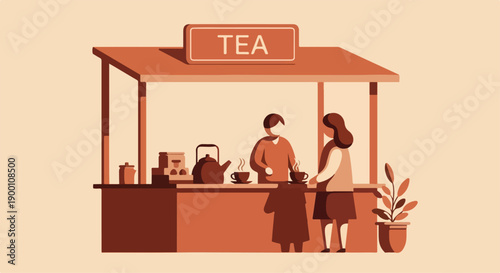 Illustration of a woman purchasing tea from a vendor at an outdoor tea stand with a plant and various tea items on display.
