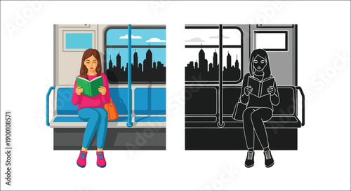 Woman reading a book on a subway train displayed in color and monochrome