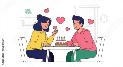 Couple celebrating a birthday with cake and hearts in a cozy room