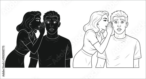 Two couples whispering secrets to each other illustrated in monochrome style