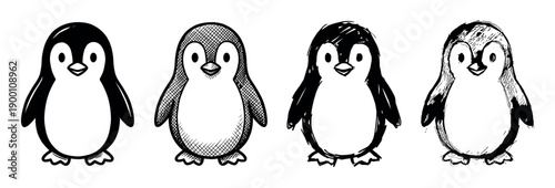 Four cute hand-drawn penguin characters illustrated in a row with different artistic sketch styles, including clean icon, crosshatch, and rough doodle textures