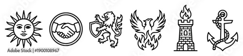 Set of black line art heraldic icons featuring a sun, handshake, lion, phoenix, tower, and anchor in a minimalist graphic style for symbolic representation
