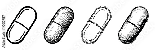 Four black and white hand-drawn pill capsules illustrated in a rough sketch and doodle style, showing a collection of medical icons for pharmaceutical or healthcare concepts