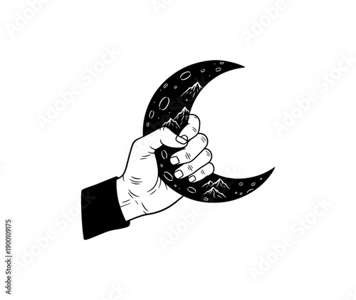 Hand grasping moon with mountains in surreal night sky art