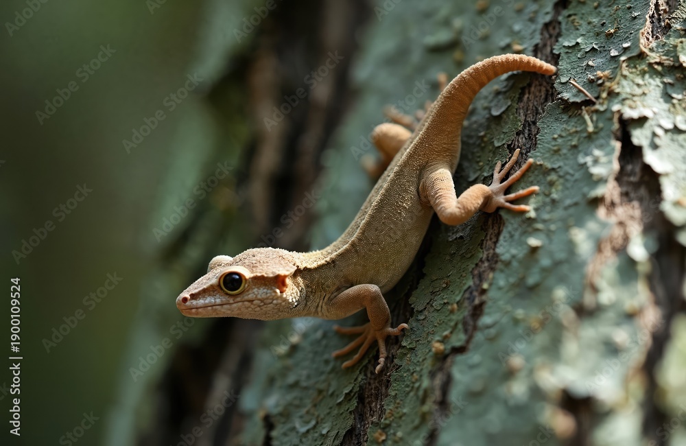 Naklejka premium Leaf tailed gecko blends on tree bark. This reptile uses camouflage for survival. Its skin matches bark texture. Wild animal closeup in natural habitat. Unique creature.