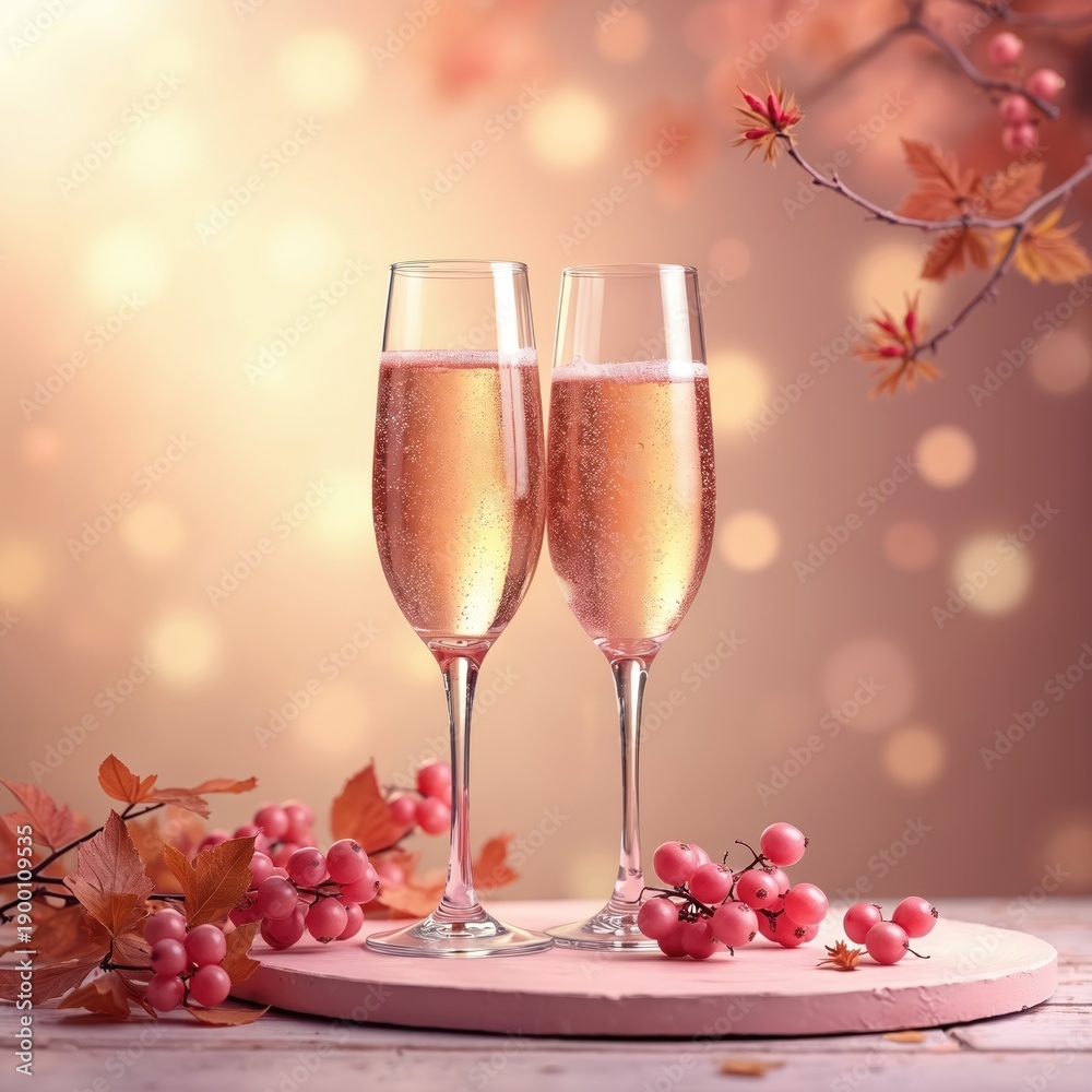 Naklejka premium Two champagne flutes with rose bubbly stand near pink berries. Autumn leaves and bokeh lights create a romantic mood. Ideal for celebrations.