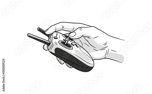 Hand holding drone remote control in black and white drawing style