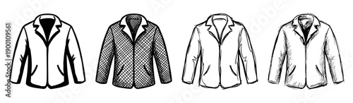 Set of four hand-drawn jackets or blazers presented in a row, showcasing different black and white artistic styles like bold line art, crosshatching, and loose sketching