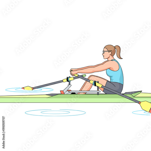 Female rower paddling in a single scull boat on calm water  