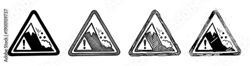 Set of four triangular landslide warning signs illustrated in various hand-drawn sketch styles, from a clean icon to a rough, distressed look