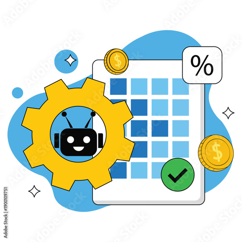 Financial Robot Illustration: A clever illustration presents a financial robot surrounded by elements such as calendar, money, and percentage.