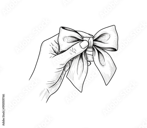 Hand holding delicate bow: detailed black and white line art with vintage charm