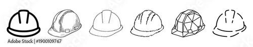 Set of six black hard hat icons showing different illustration styles like hand-drawn sketch, low-poly geometric, dotted outline, and minimalist line art for safety concepts