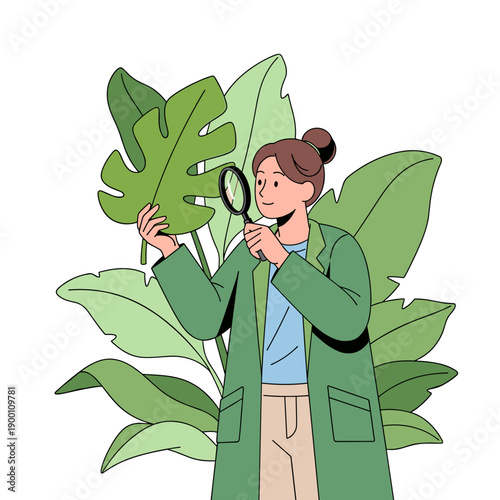 Female botanist examining plant with magnifying glass in garden  