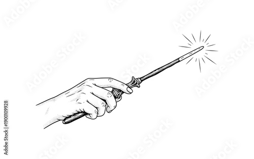 Hand holding magical wand with sparkle in vintage sketch style