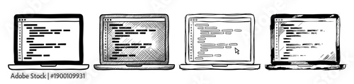Four hand-drawn laptop computers with code on the screens, a set of black and white sketch style illustrations showing different programming and development concepts