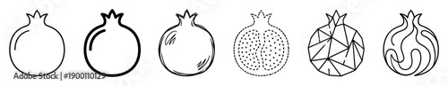 Set of six black pomegranate fruit icons showing different artistic line art styles from simple outline and sketch to abstract geometric and dotted seed patterns