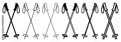 Six pairs of crossed ski pole icons in various black and white styles including solid, dashed, dotted, sketched, and outline for winter sports equipment concepts
