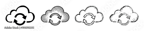 Hand-drawn cloud sync and refresh icons set in four different artistic styles, from simple silhouette to sketchy grunge, representing data backup and online storage