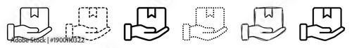 Collection of package delivery icons featuring a hand holding a box, illustrated in multiple outline variations such as bold, thin, dotted, dashed, and a sketchy hand-drawn style