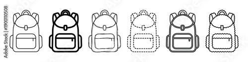 Set of six black backpack icons in various line art styles including bold, sketchy, dashed, and wavy outlines for graphic design elements