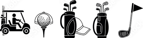 Black and white golf icons set featuring a golf cart, ball on tee, clubs in bag, hat and flagstick.