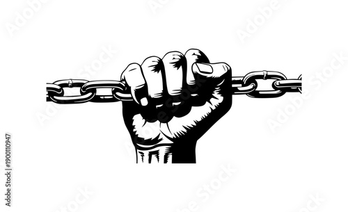 Hand grasping a chain symbolizing strength and resilience in black and white design