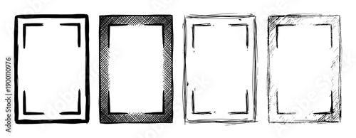 Four hand-drawn black rectangular frames in a sketchy doodle style with various grunge textures like cross-hatching and rough ink strokes, creating a set of unique borders