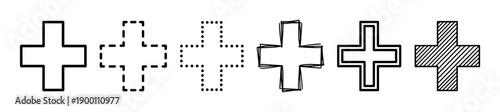 Set of six black cross icons with various outline styles including solid, dashed, dotted, sketchy, double, and hatched for graphic design elements or user interface symbols