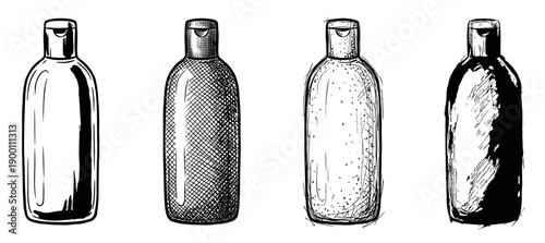 Four distinct hand-drawn cosmetic bottles with flip-top caps are depicted in a row, showcasing various artistic sketch styles including outline, cross-hatch, stipple, and bold black shading