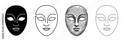 Set of four abstract face masks in different minimalist graphic styles, including a solid silhouette, continuous line art, a hand-drawn sketch, and a dotted outline