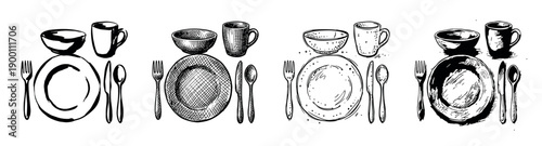 Four sets of hand-drawn black tableware illustrations showing different artistic styles from simple line art to cross-hatching, stippling, and ink for a rustic look