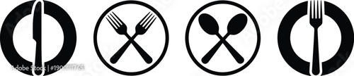 Set of cutlery and plate icons, knife fork spoon , food service and dining symbols, restaurant menu graphics, kitchen and cooking template