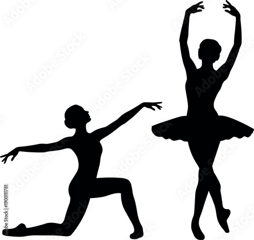 Graceful Ballet Dancer Silhouettes in Elegant Poses with Tutu and Leotard Isolated on White Background for Minimalist Dance Studio Design