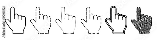 Set of black hand cursor icons in various outline styles including solid, dashed, dotted, and sketched for user interface design, presented in a simple graphic illustration