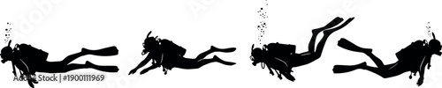 Set of four scuba diver silhouettes swimming underwater with diving gear oxygen tanks and bubbles for marine adventure and exploration