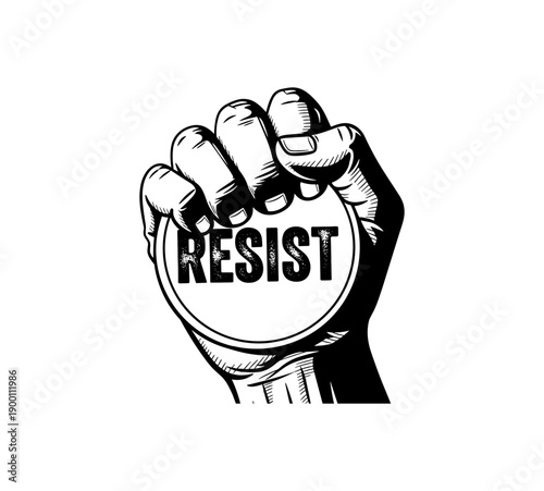 Powerful hand clenched fist holding resist sign in bold black and white ink style
