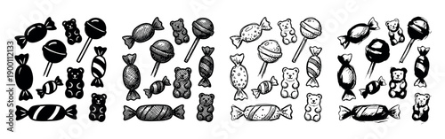 Collection of hand-drawn candy illustrations showing four different graphic styles, including silhouette, hatching, and sketchy line art with lollipops and gummy bears