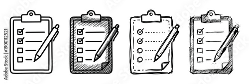 Hand-drawn clipboard checklist icons set in a sketchy doodle style, illustrating task management, surveys, and planning with checkmarks and pens for project organization