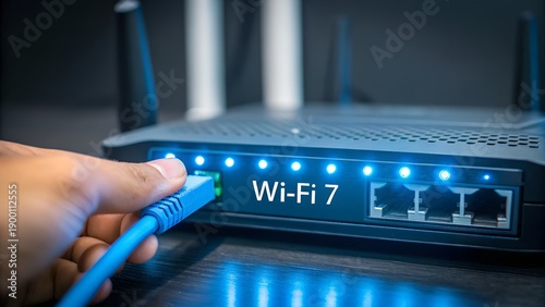 A hand connecting an ethernet cable to a Wi-Fi 7 router