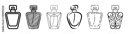Set of six perfume bottle icons drawn in various artistic styles including line art, sketch, brushstroke, and dotted outline for beauty and fragrance concepts