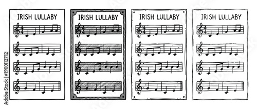 Four hand-drawn sheet music illustrations of a traditional lullaby show musical notes and treble clefs in a black and white sketch with various artistic frame designs
