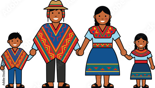 Happy indigenous family wearing traditional colorful ponchos and dresses holding hands for cultural heritage, rural community and Andean South American concept.
