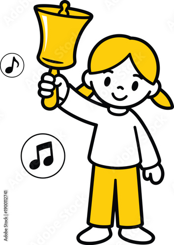 Cheerful young girl ringing a golden handbell with musical notes floating around, simple cartoon illustration