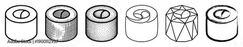 Six black and white sushi maki rolls illustrated in a variety of artistic styles, including clean line art, hatching, stippling, geometric low poly, and rough brush strokes