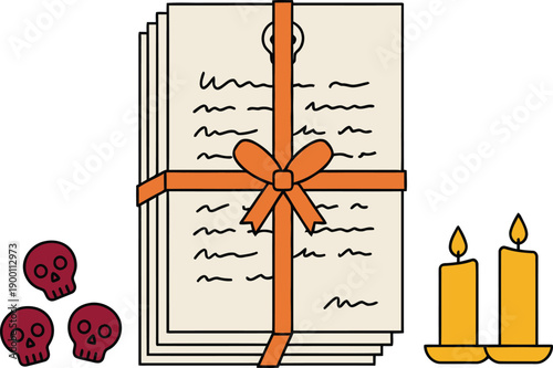 Stack of paper sheets tied with ribbon near sugar skulls and candles for traditional Mexican literary calaverita poem, Day of the Dead and cultural holiday concept.