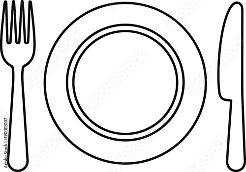 Outline drawing of a dinner plate, fork, and knife set for a meal, simple black and white icon graphic